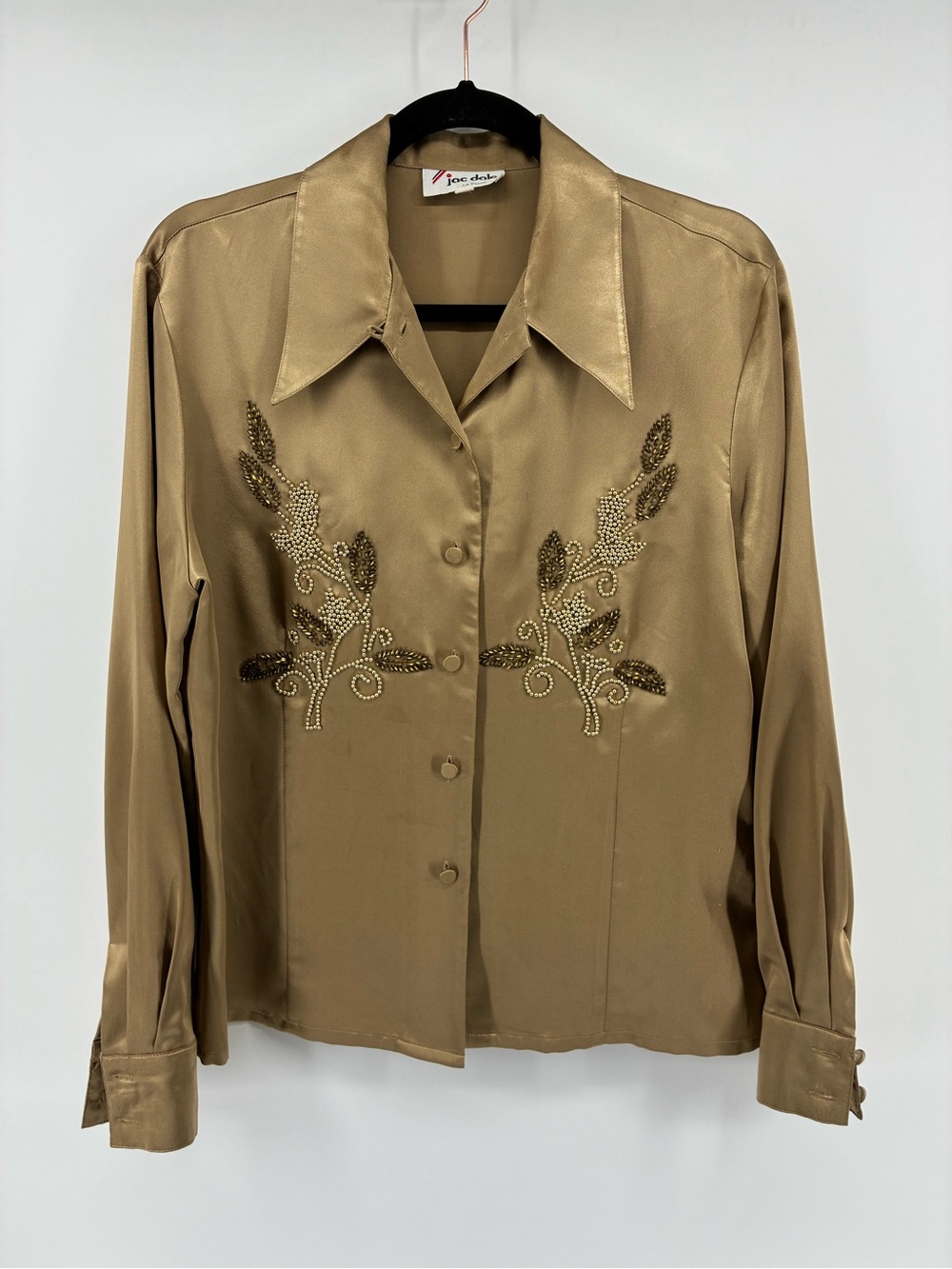 Vintage Beaded Satin Style Button-Up Blouse - Gold